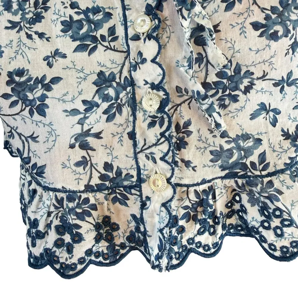 Doen Lazuli Floral Organic Cotton Puff Sleeve Ruffle Top Boho Chic White Blue XS